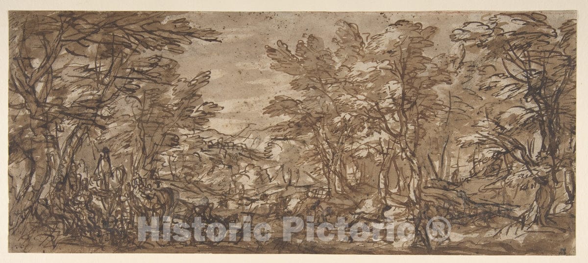 Art Print : Pier Francesco Mola - Forest Scene, a Halt at The Left, a Hunt at The Center : Vintage Wall Art