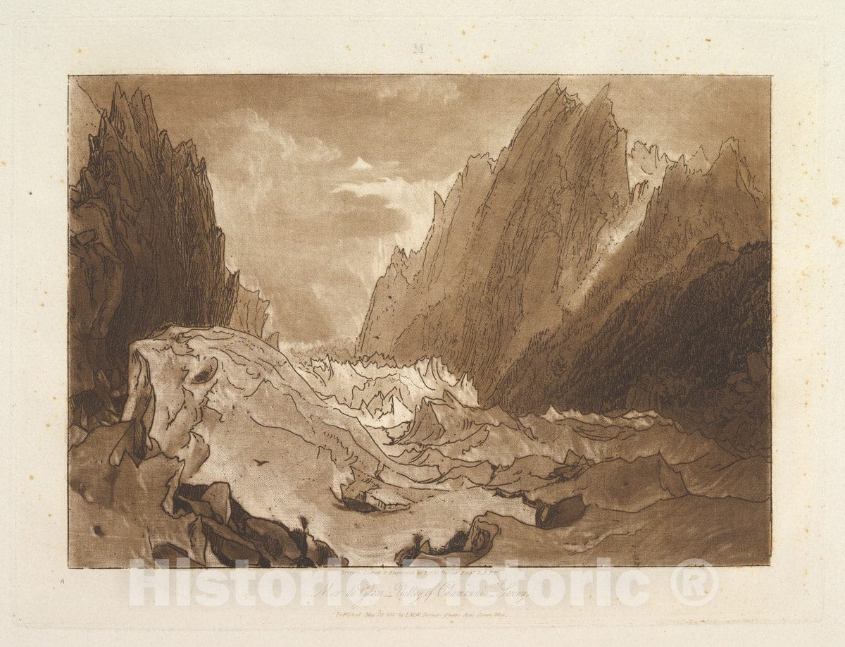 Art Print : Joseph Mallord William Turner - Mêr de Glace, Valley of Chamouni-Savoy (Liber Studiorum, Part X, Plate 50) 2 : Vintage Wall Art
