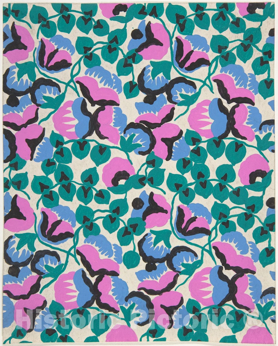Art Print : Paul Poiret - Fabric Design with Sweet Pea Flowers and Vines : Vintage Wall Art