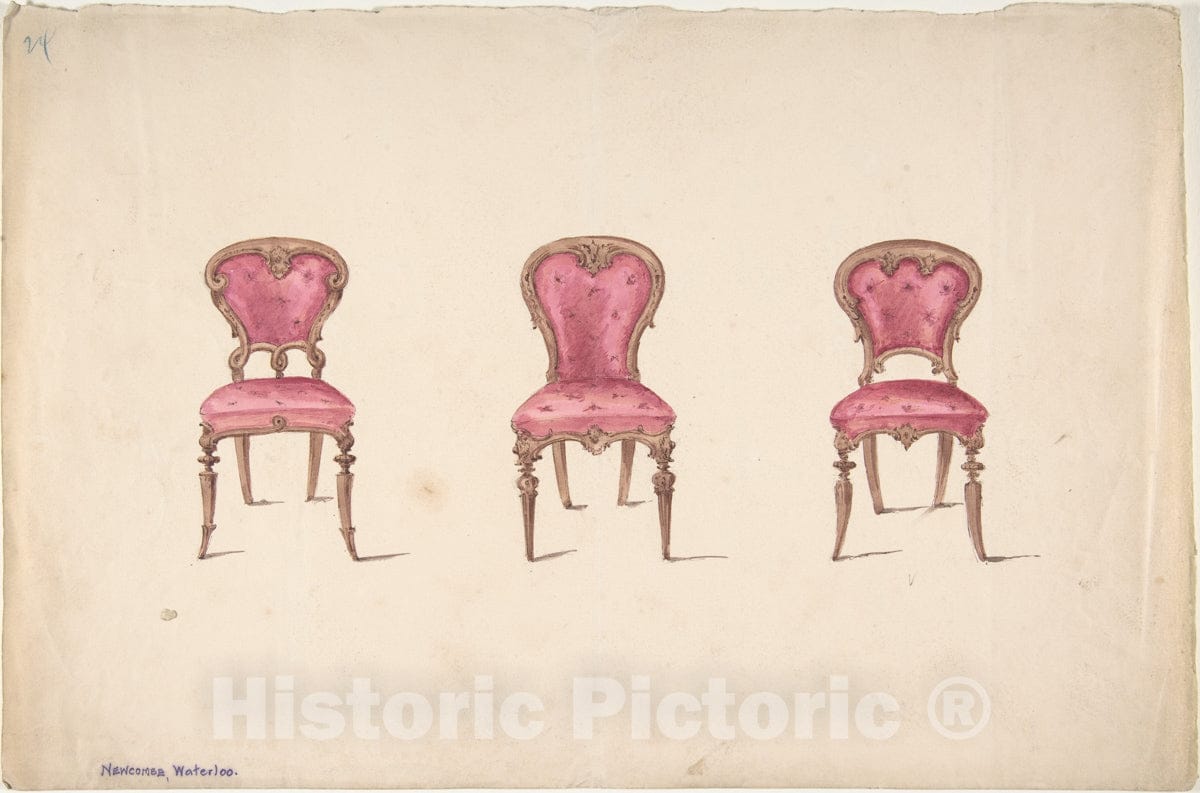 Art Print : British, 19th Century - Design for Three Chairs with Red Upholstery : Vintage Wall Art