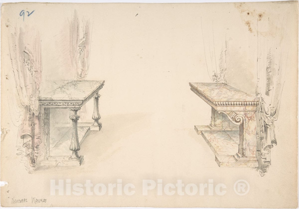 Art Print : British, 19th Century - Designs for Two Marble Pier Tables with Draperies : Vintage Wall Art