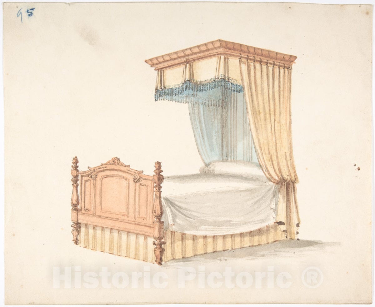 Art Print : British, 19th Century - Design for a Bed with Yellow and Blue Fringed Hangings : Vintage Wall Art