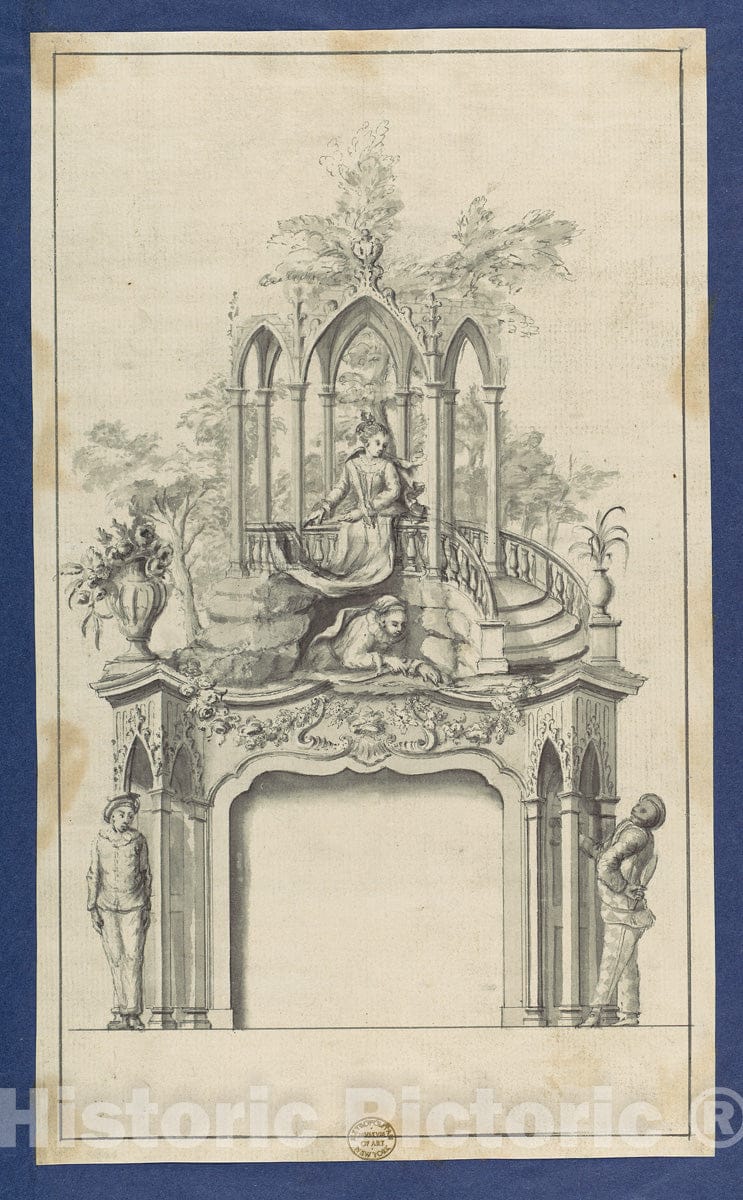 Art Print : Thomas Chippendale - Fireplace Flanked by Commedia dell'arte Figures with Overmantle Showing a Gothic Gazebo, in Chippendale Drawings, Vol. I : Vintage Wall Art