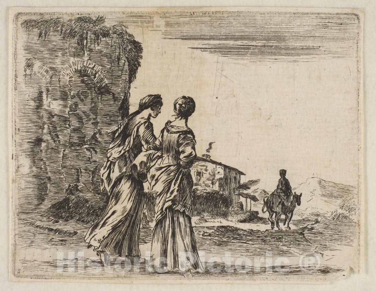 Art Print : Plate 3: Two Girls Walking Towards The Right - Artist: Stefano Della Bella - Created: c1648 : Vintage Wall Art