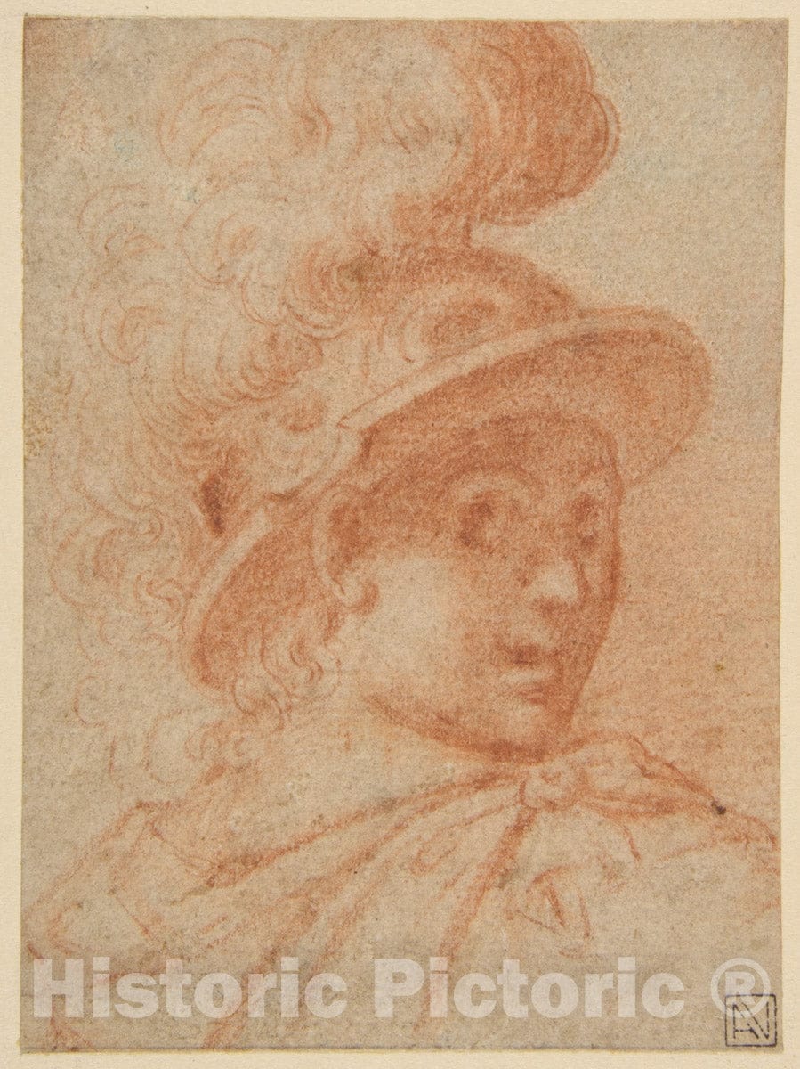 Art Print : Bust of a Warrior Wearing a Plumed Helmet, Looking Toward Spectator Over His Right Shoulder (recto); Sketch of a Leg : Vintage Wall Art