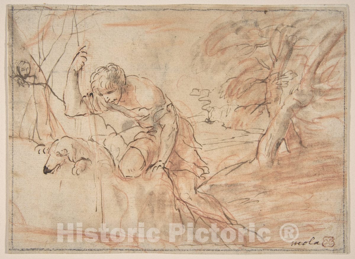 Art Print : Pier Francesco Mola - Framed Sketch for a Man, a Dog and a Tree : Vintage Wall Art