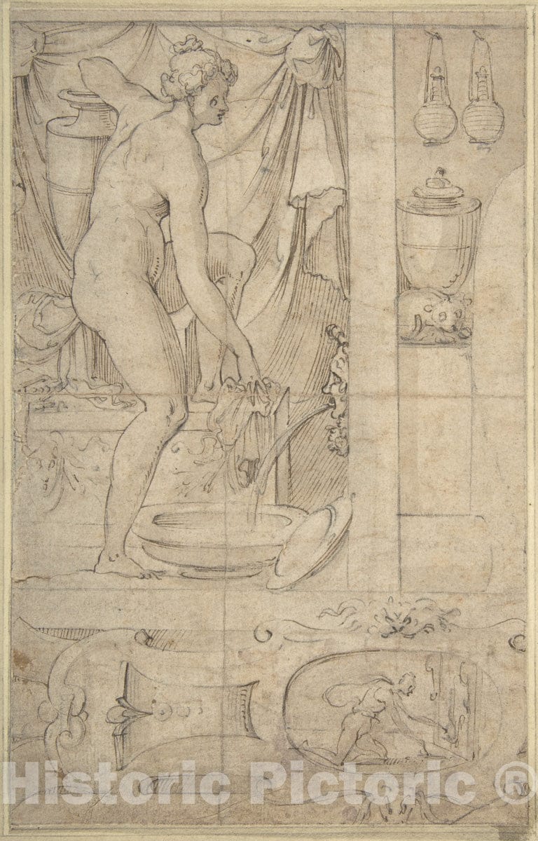 Art Print : French, School of Fontainebleau, 16th Century - Venus Bathing : Vintage Wall Art