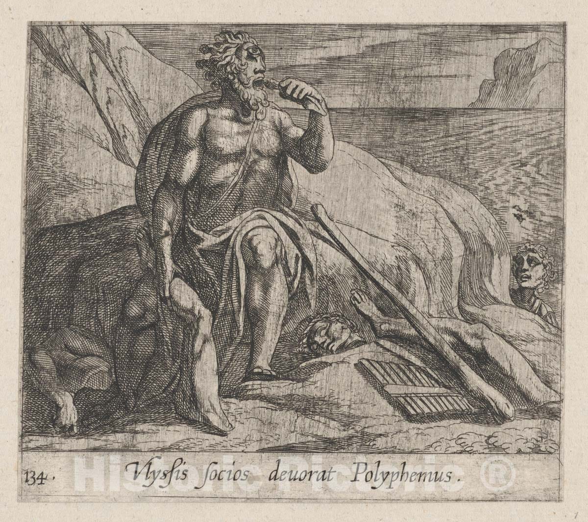 Art Print : Antonio Tempesta - Plate 143: Polyphemus Eating Ulysses' Men, as Achaemides Watches (Ulyssis socios deuorat Polyphemus), from Ovid's 'Metamorphoses' : Vintage Wall Art