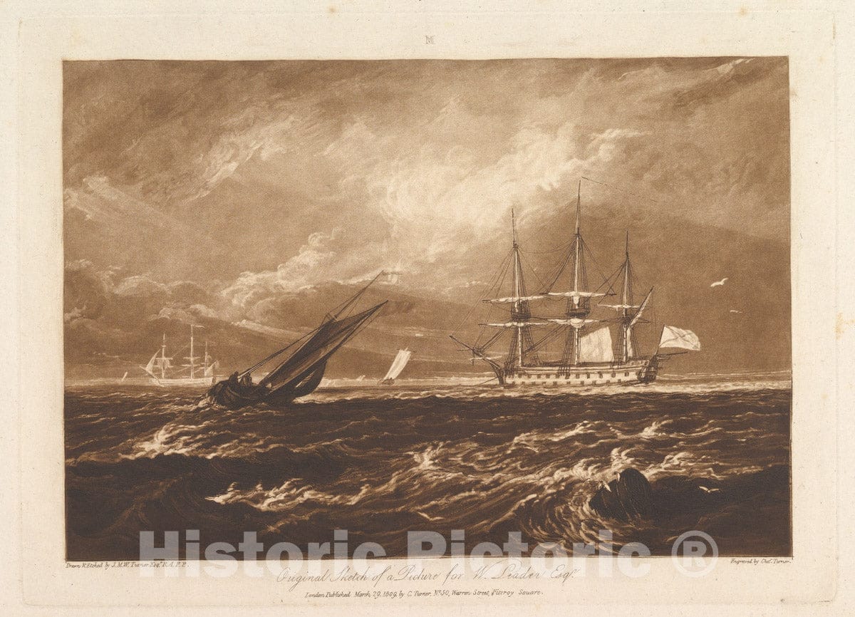 Art Print : Designed and Etched by Joseph Mallord William Turner - The Leader Sea Piece (Liber Studiorum, Part IV, Plate 20) : Vintage Wall Art