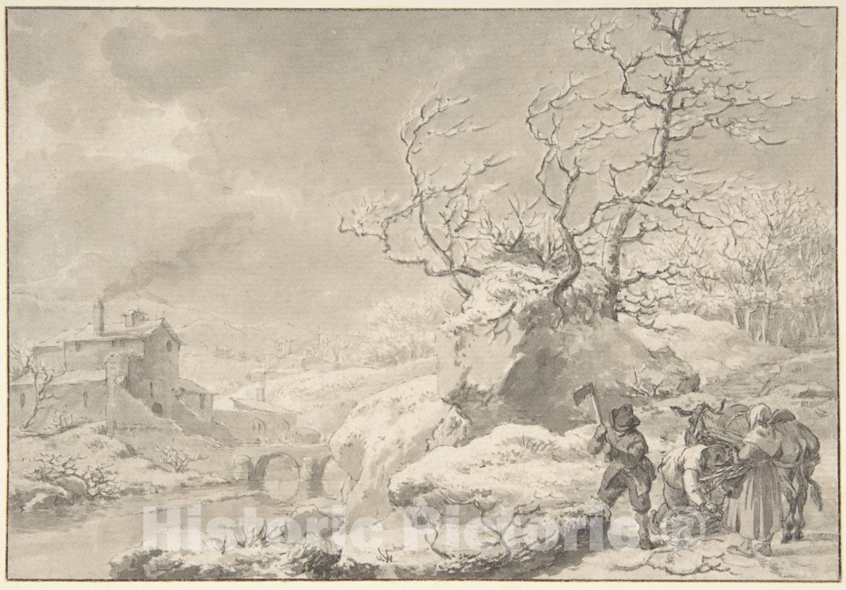Art Print : Jacob Cats - Winter Landscape with Peasants Gathering and Chopping Wood : Vintage Wall Art