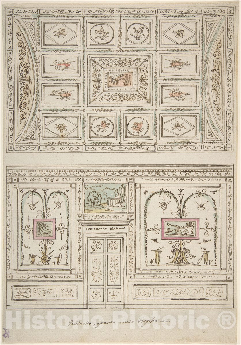 Art Print : Felice Giani - Design for The Decoration of a Wall and Ceiling of a 'Gabinetto' Related to Virgil's Fourth Canto : Vintage Wall Art
