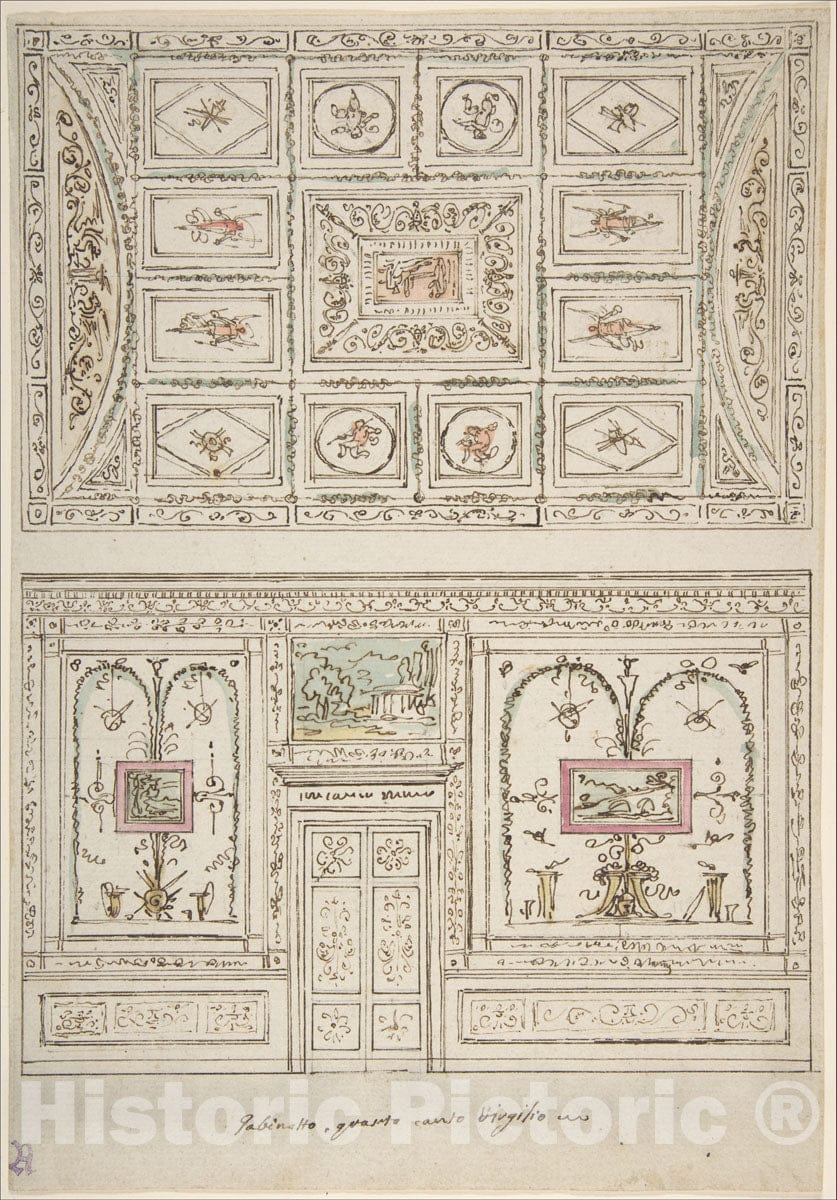 Art Print : Felice Giani - Design for The Decoration of a Wall and Ceiling of a 'Gabinetto' Related to Virgil's Fourth Canto : Vintage Wall Art