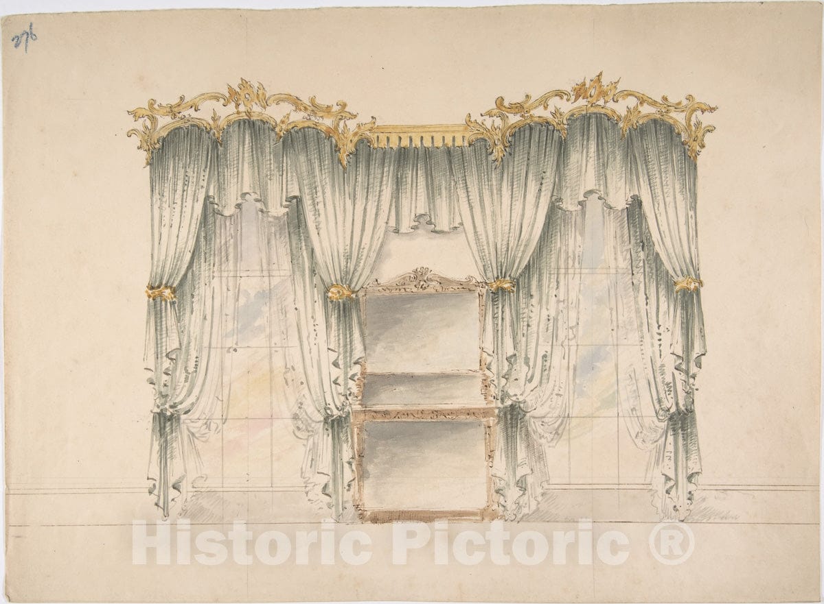 Art Print : British, 19th Century - Design for White Curtains with Gold Pendiment and Tie-Backs : Vintage Wall Art