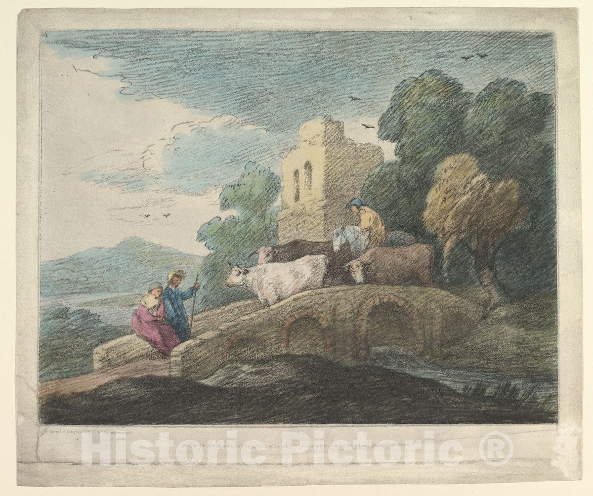 Art Print : Thomas Gainsborough - Wooded Landscape with Herdsmen Driving Cattle Over a Bridge, Rustic Lovers and Ruined Castle : Vintage Wall Art