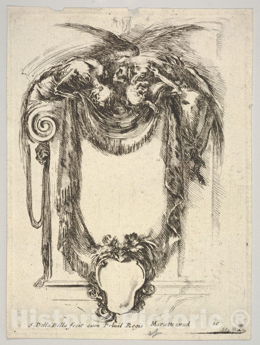 Art Print : Plate 10: a cartouche Formed by Drapery and Topped with Two Skeletons ATOP an Ionic Entablature - Artist: Stefano Della Bella - c1647 1 : Vintage Wall Art