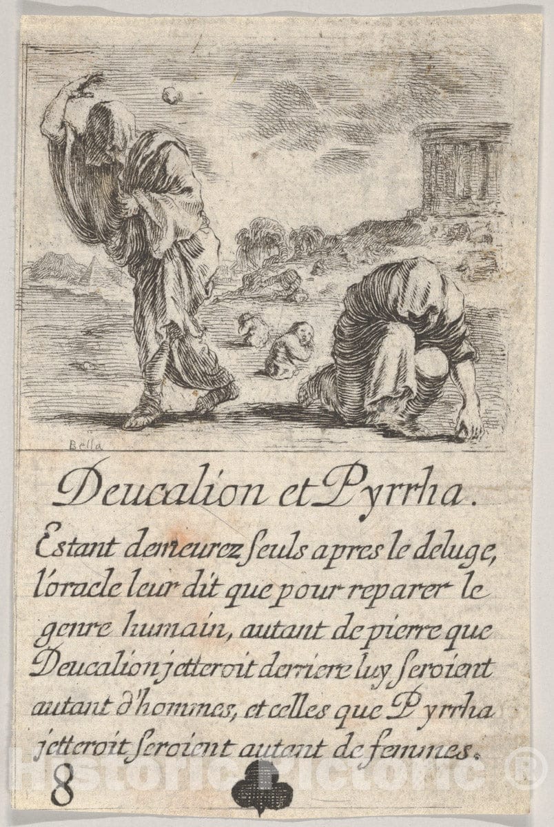 Art Print : Stefano Della Bella - Deucalion and Pyrrha, from 'Game of Mythology' (Jeu de la Mythologie) 2 : Vintage Wall Art