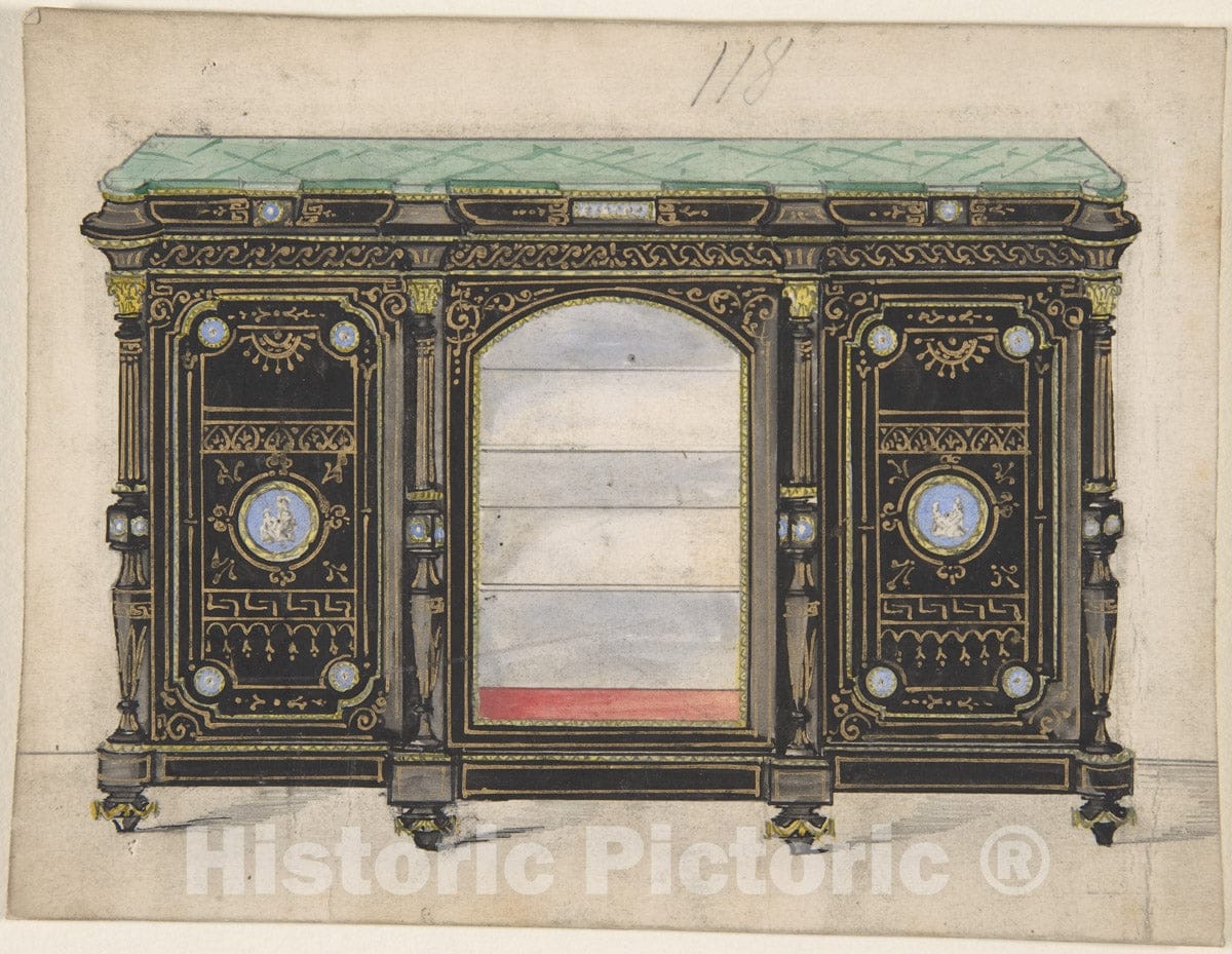 Art Print : British, 19th Century - Cabinet Design with Glass Front, its Doors Adorned with Porcelain Plaques, with a Green Top : Vintage Wall Art