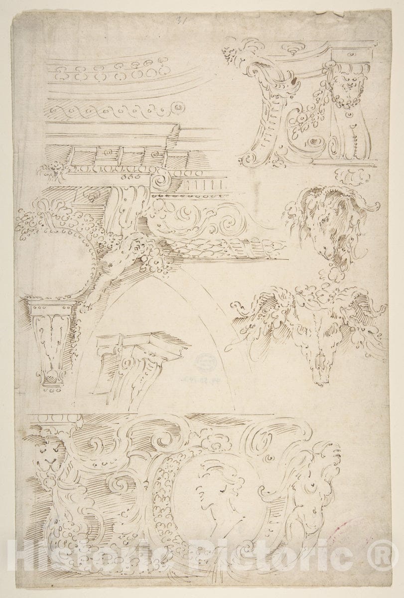 Art Print : After Agostino (Stanzani) Mitelli - Sketches of Sculptured Decoration. Entablatures and a Frieze with Human, Animal and Floral Ornaments : Vintage Wall Art