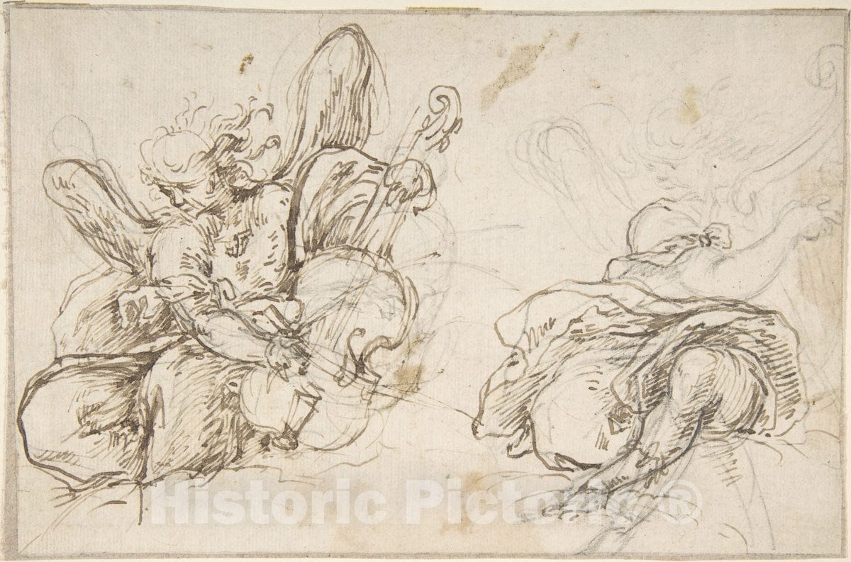 Art Print : Spanish, School of Seville, 17th Century - Figures of Two Music-Making Angels : Vintage Wall Art