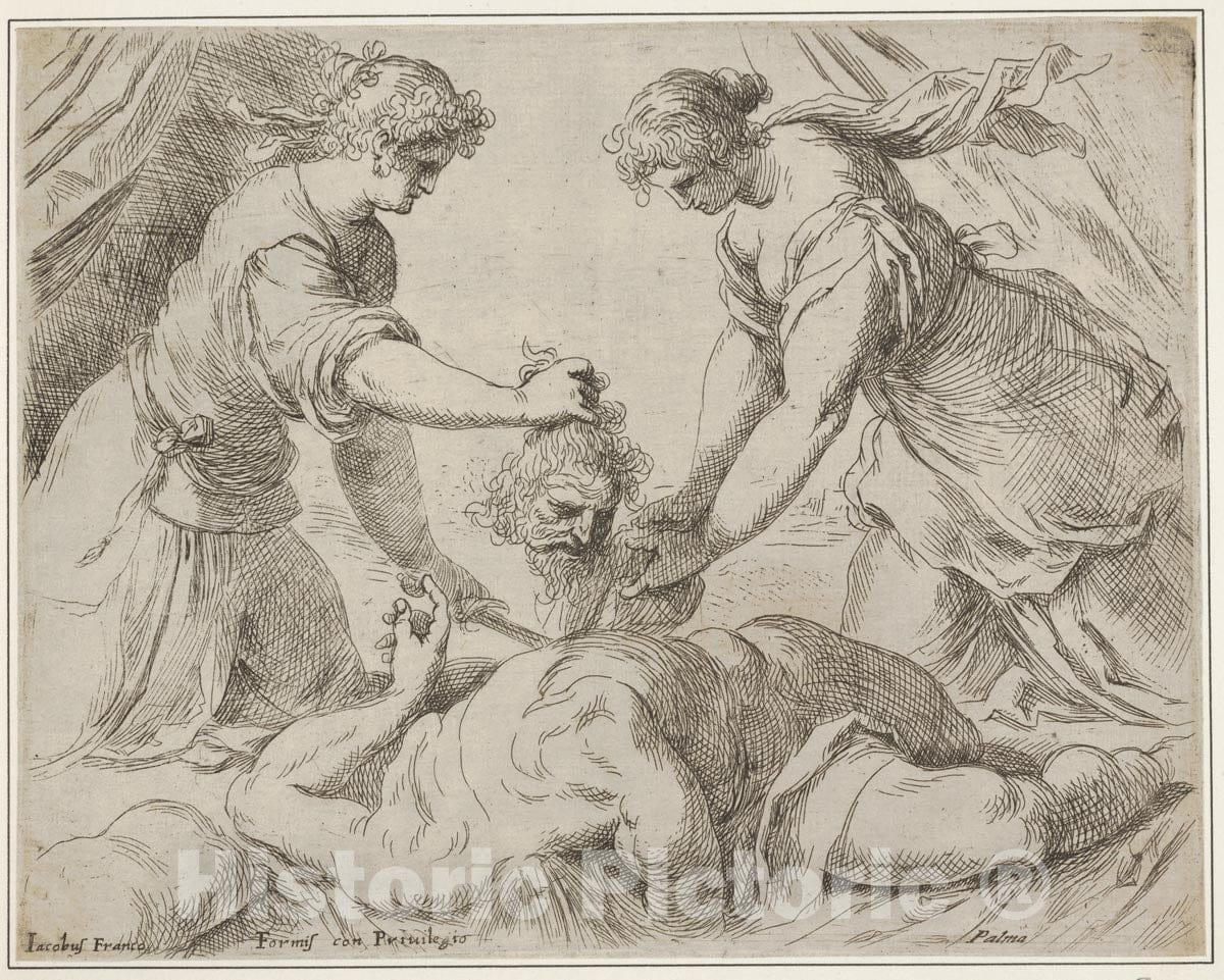 Art Print : Judith Placing The Head of Holofernes onto a Cloth held by Another Female Figure - Artist: Jacopo Palma The Younger - Created: c1570 : Vintage Wall Art