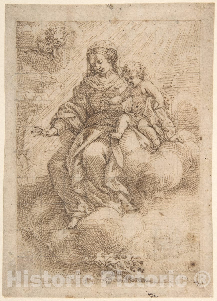 Art Print : Vicente Salvador Gómez - Madonna and Child Seated on Clouds (Recto)
