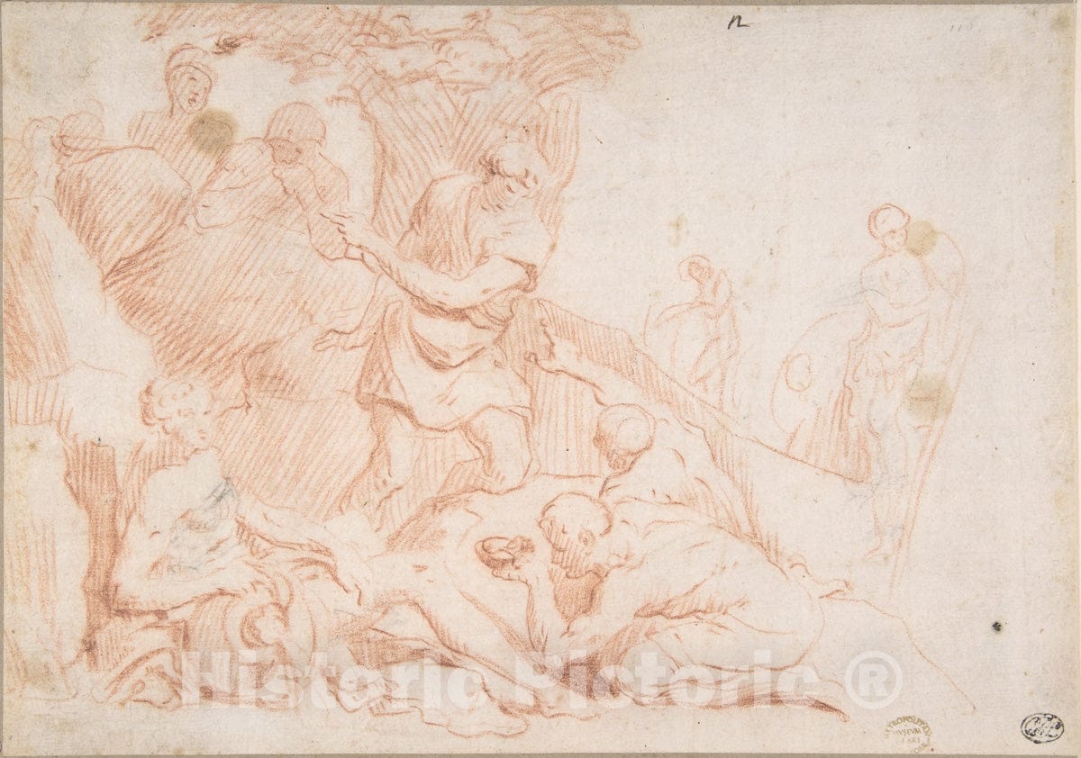 Art Print : Italian, Roman-Bolognese, 17th Century - Figures and a River God : Vintage Wall Art