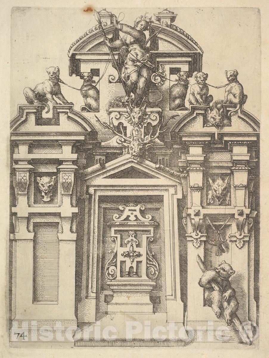 Art Print : Wendel Dietterlin, The Elder - Design for an Architectural Structure with a Hunting Theme, Plate 74 from Dietterlin's Architettura : Vintage Wall Art