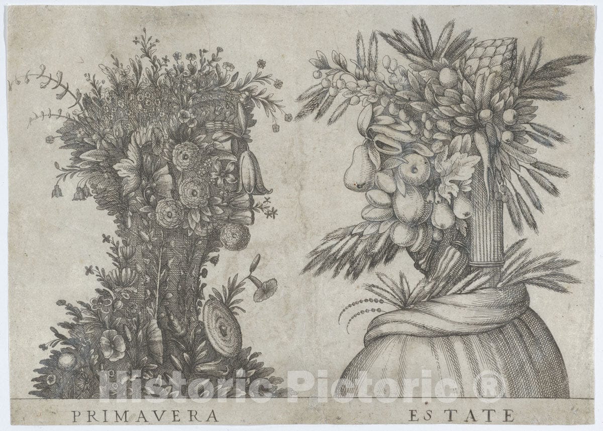 Art Print : Anonymous, Italian, 16th to Early 17th Century - Spring and Summer: Two Heads Made from Flora Typical of Those Seasons : Vintage Wall Art