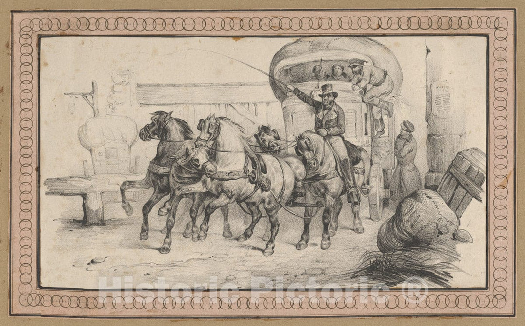 Art Print : Victor Adam - Five Horses Pulling a Carriage with Passengers : Vintage Wall Art