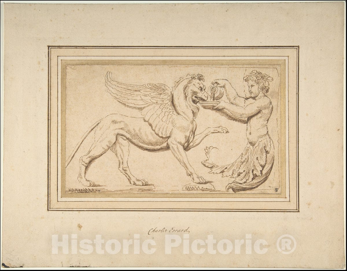 Art Print : Charles Errard le fils - Foliate Amor Pouring a Drink for a Griffin : Vintage Wall Art