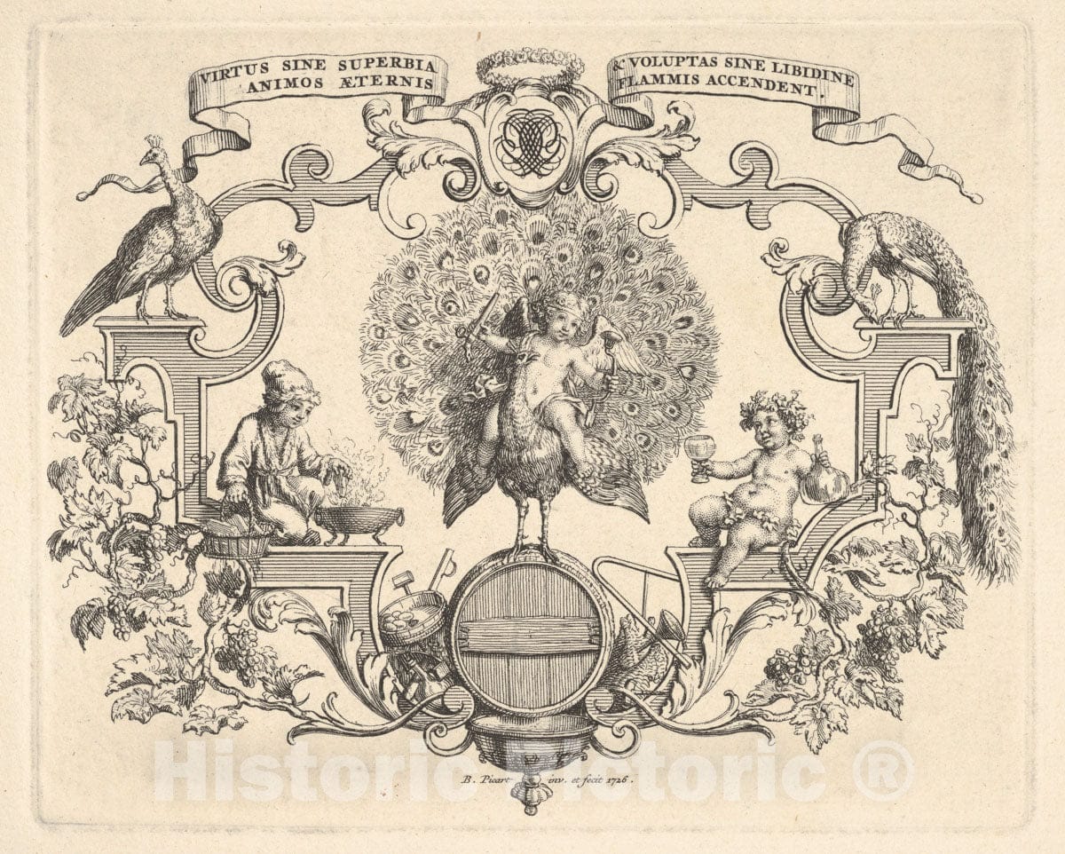 Art Print : Epithalamium, at Center a Winged putto Seated on a Peacock Standing on a Barrel - Artist: Bernard Picart - Created: 1726 : Vintage Wall Art