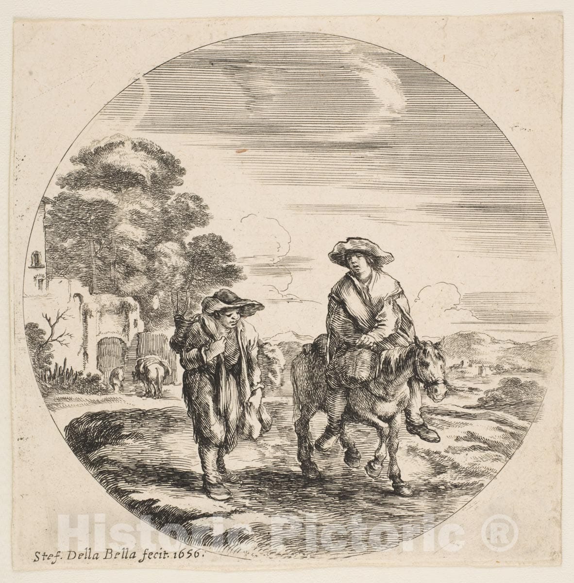 Art Print : Stefano della Bella - Landscape with Two Peasants, One Riding a Horse, from 'Landscapes and seaports' (Paysages et ports de mer, dans des ronds) : Vintage Wall Art