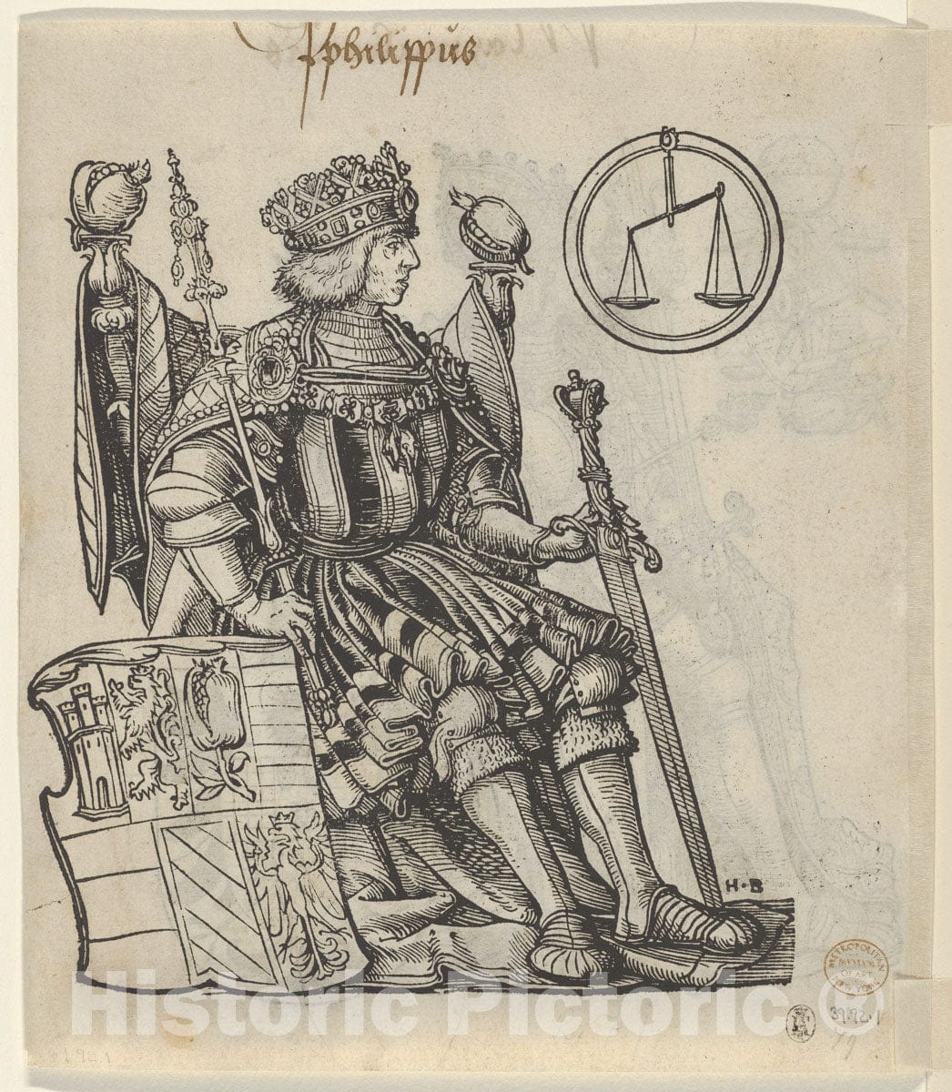 Art Print : Hans Burgkmair - Verso of a Sheet with Philip The Belle, from The Genealogy of Emperor Maximilian I : Vintage Wall Art