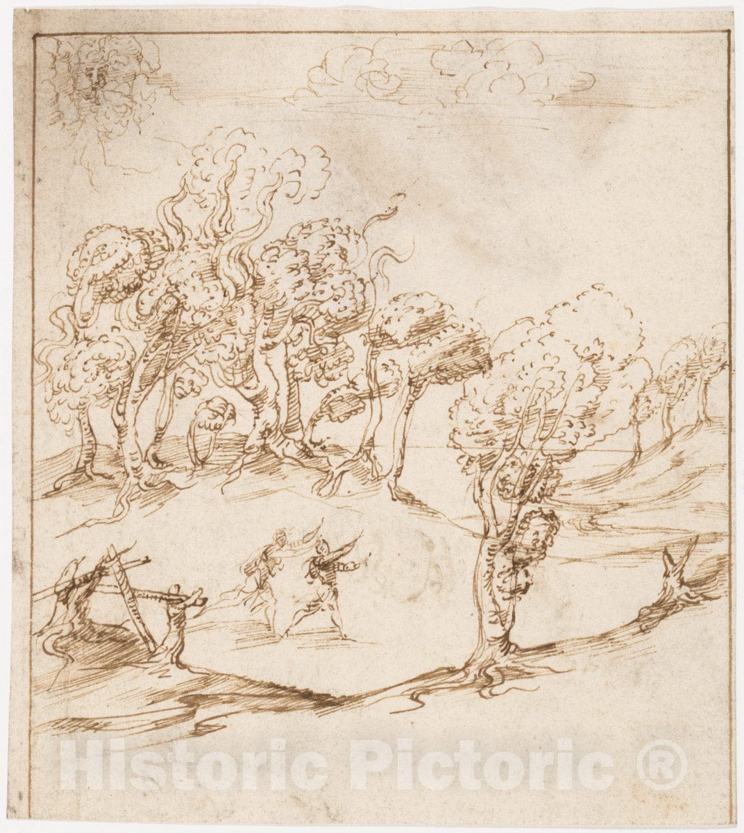 Art Print : Recto: Landscape with Trees and Figures - Artist: Sangallo Family - Created: 1530–45 : Vintage Wall Art