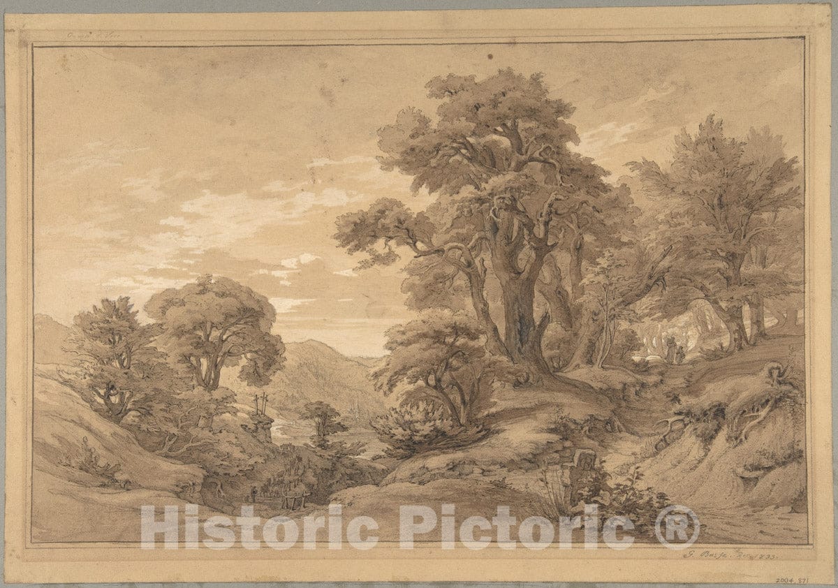 Art Print : Georg Heinrich Busse - Hilly Landscape with Trees and a Road on The Right : Vintage Wall Art