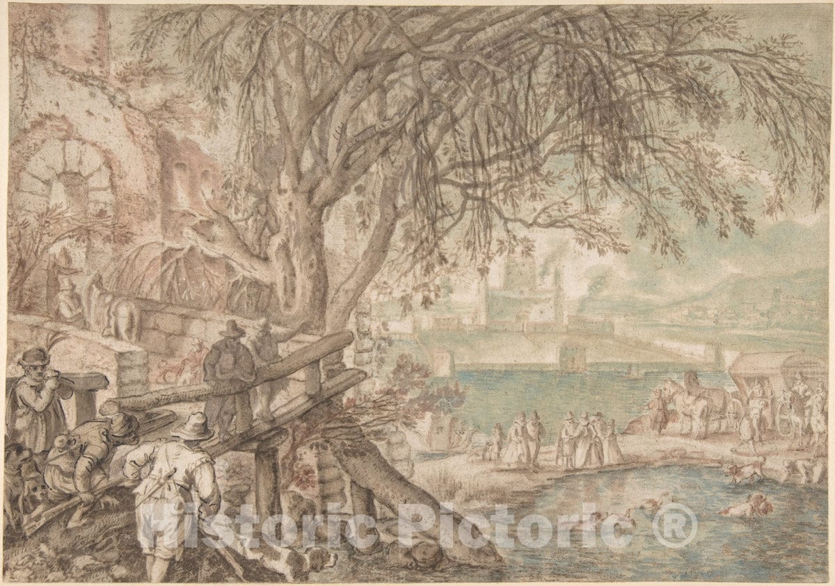 Art Print : Pieter Stevens - Huntsmen and Company Observing Dogs Retrieving Ducks in a Pond (The Month of April) : Vintage Wall Art