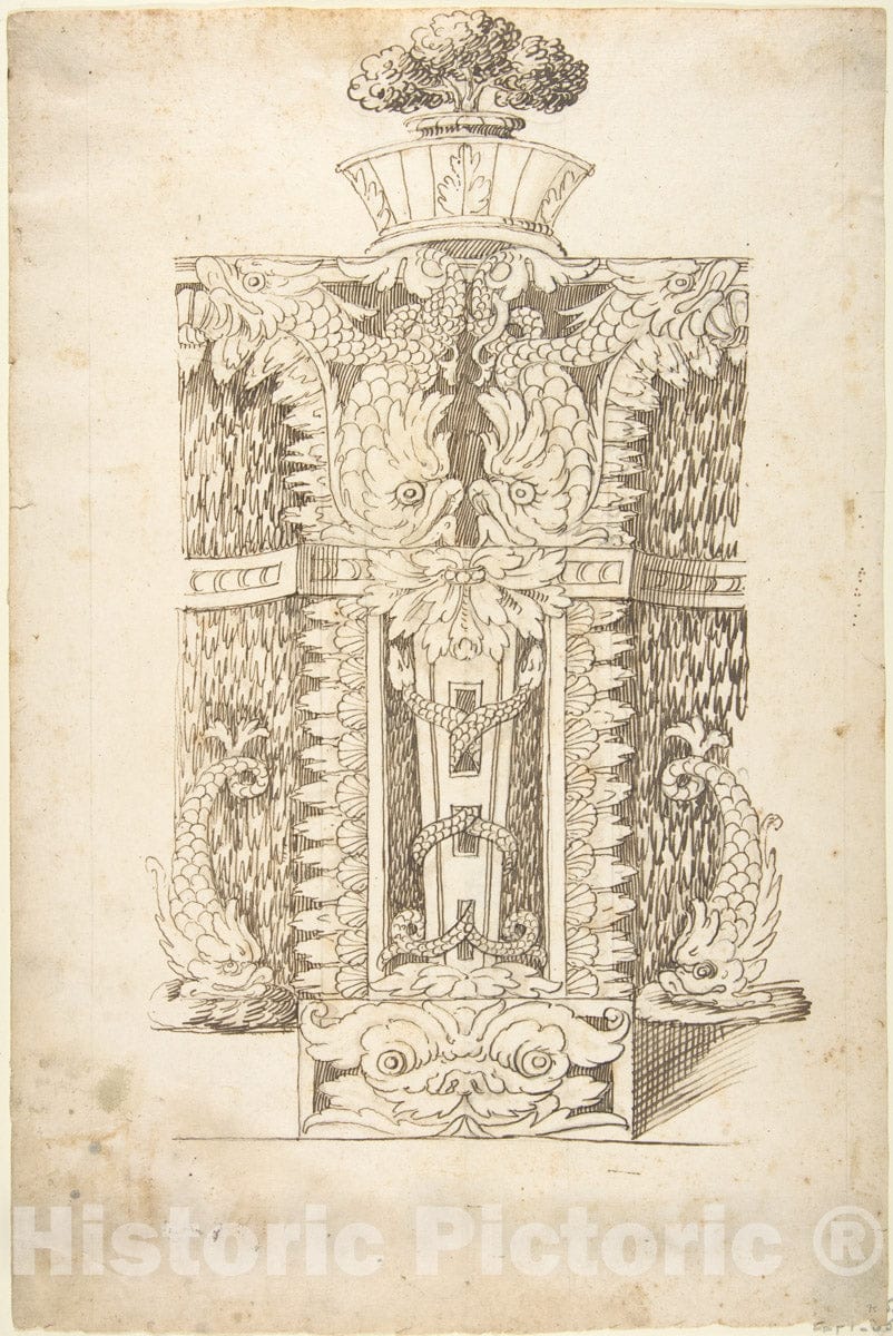 Art Print : Italian, Lombard, 16th Century - Design for a Wall Fountain - 429999 : Vintage Wall Art