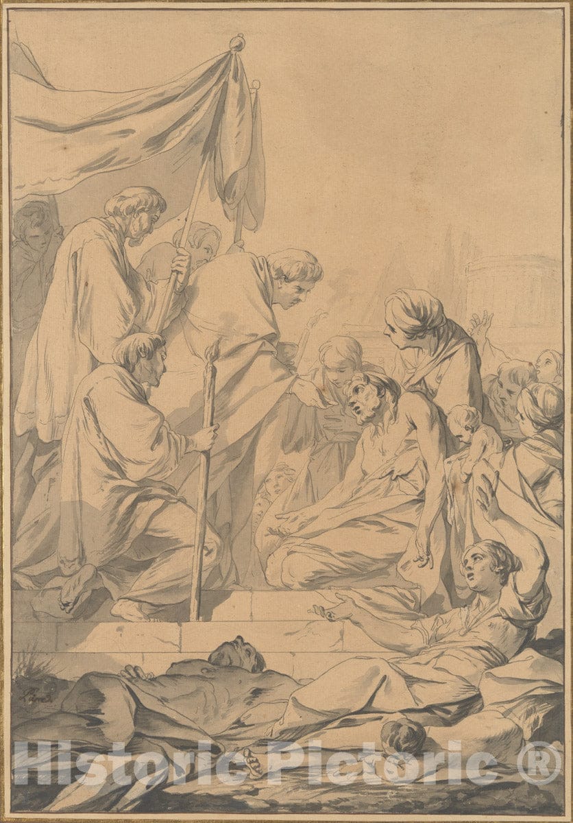 Art Print : Jean-Baptiste Marie Pierre - St. Charles Borromeo Distributing Communion to The Victims of The Plague in Milan : Vintage Wall Art