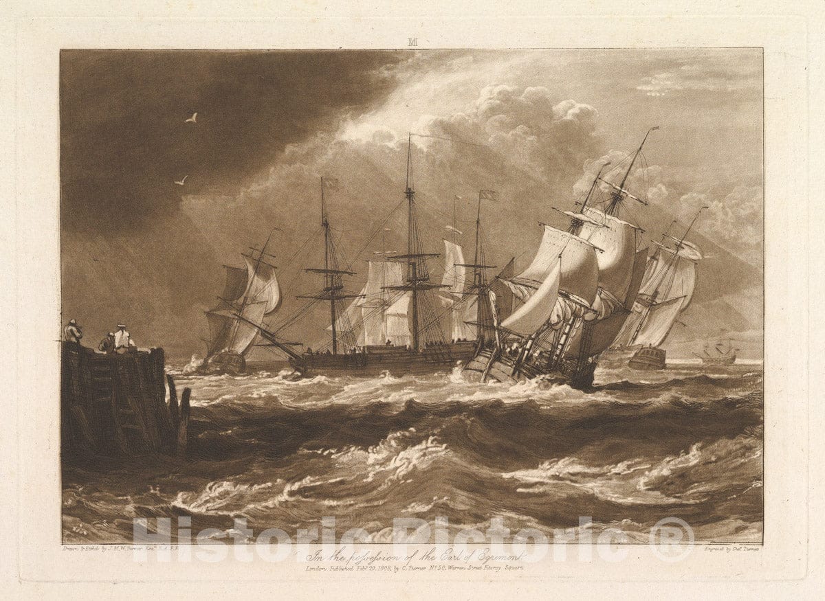 Art Print : Designed and Etched by Joseph Mallord William Turner - Ships in a Breeze (Liber Studiorum, Part II, Plate 10) : Vintage Wall Art