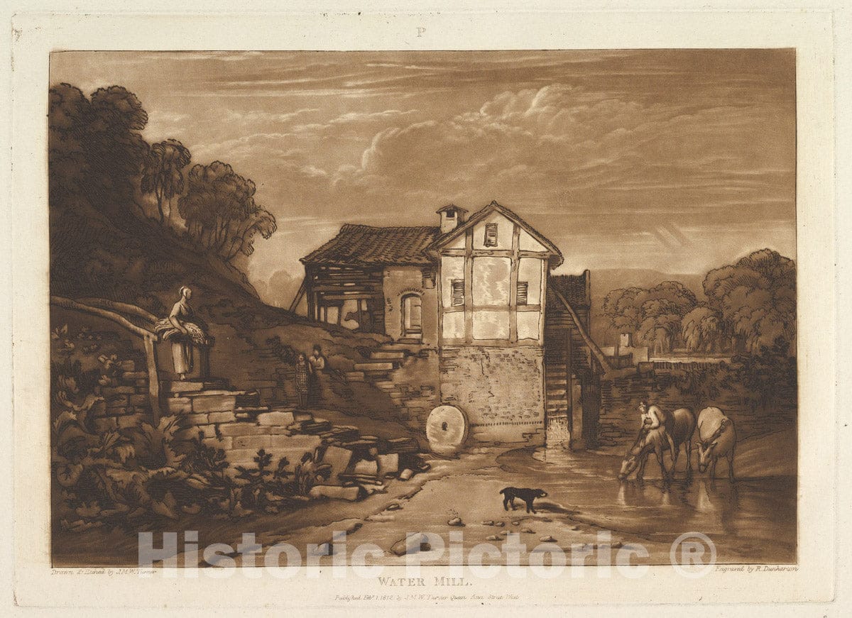 Art Print : Designed and Etched by Joseph Mallord William Turner - Water Mill (Liber Studiorum, Part VIII, Plate 37) : Vintage Wall Art