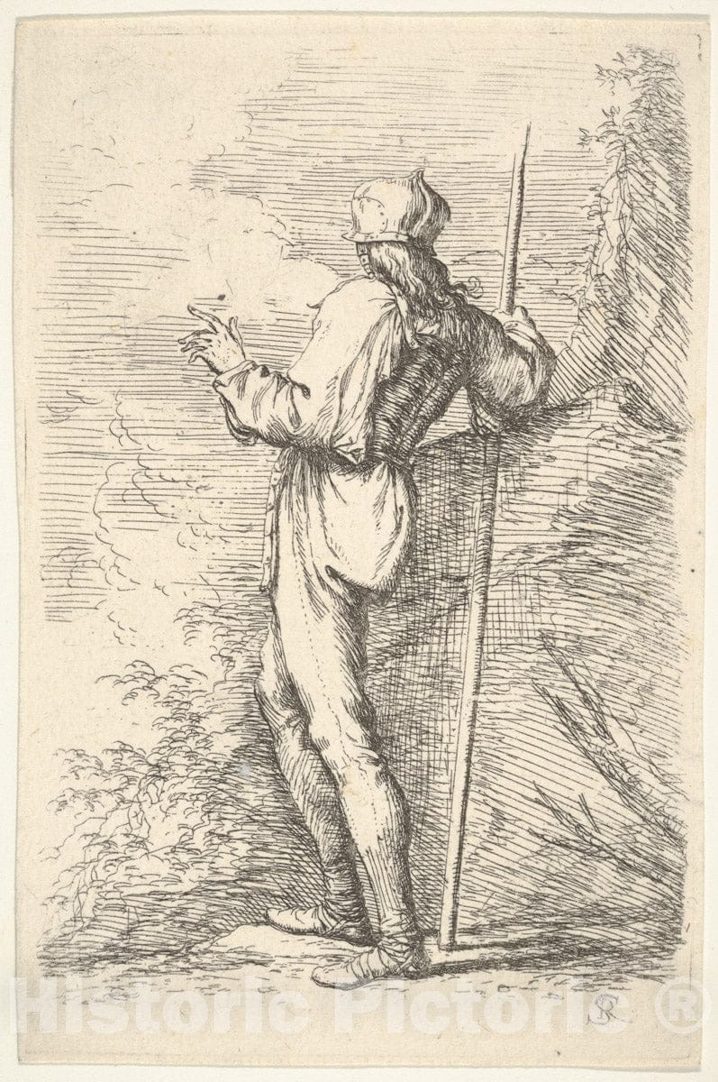 Art Print : Salvator Rosa - A Warrior Shown from Behind Holding a Staff and Leaning on a Rock, from The Series 'Figurine' : Vintage Wall Art