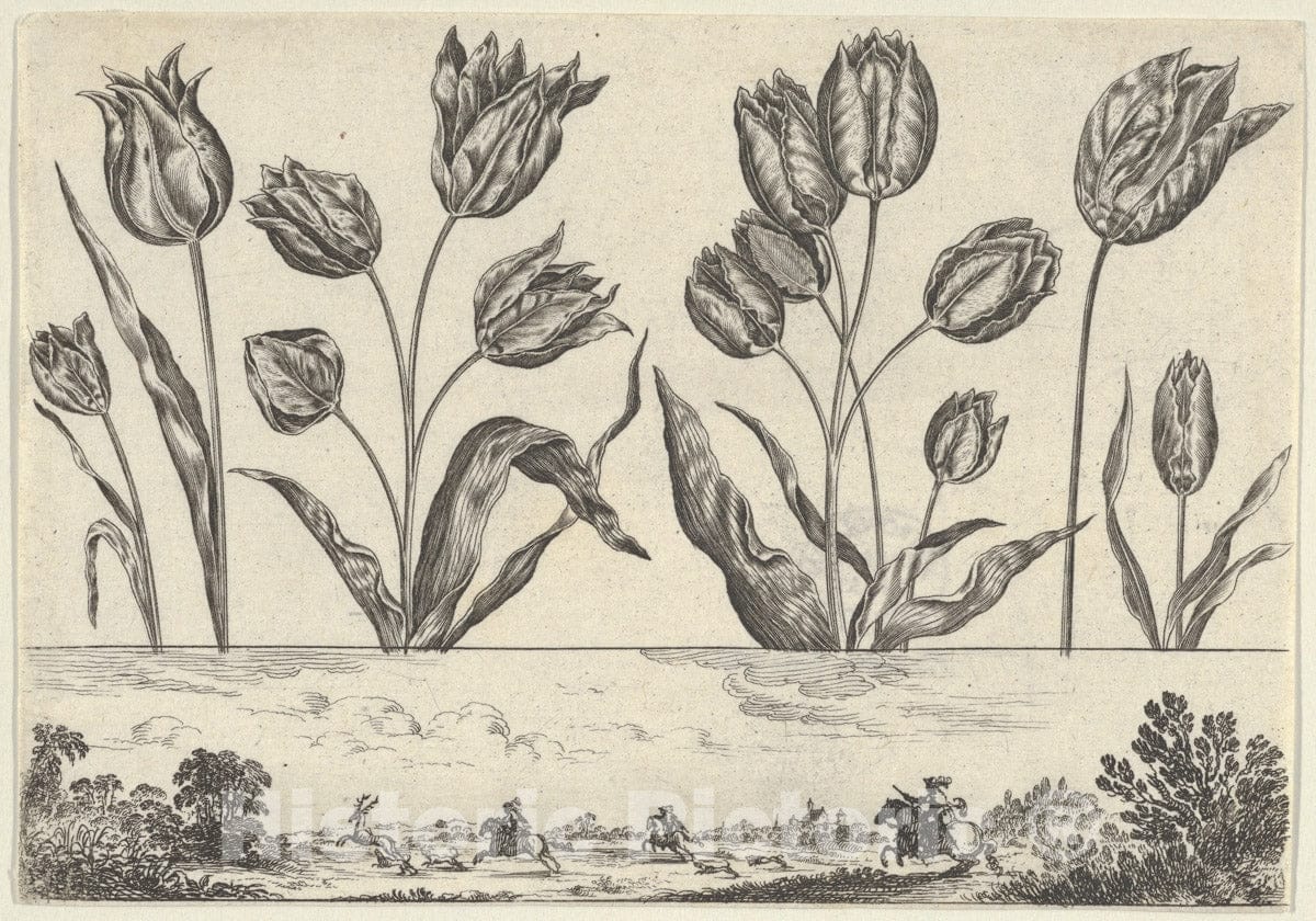 Art Print : Nicolas Cochin - Horizontal Panel with a Row of Flowers Above a Frieze with a Hunting Scene in a Landscape, from Livre Nouveau de Fleurs Tres-Util : Vintage Wall Art