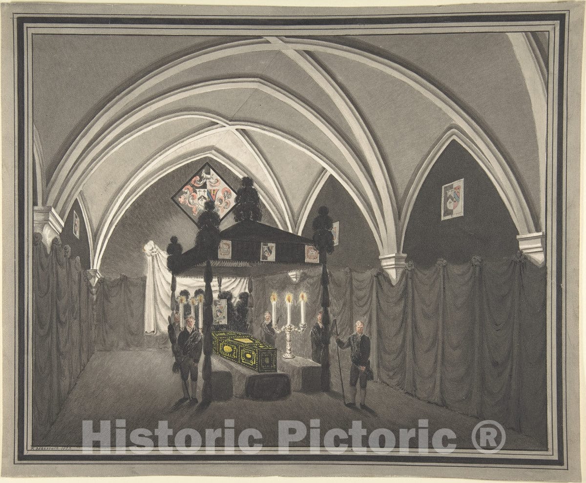 Art Print : Robert Mackreth - Vaulted Interior with Catalfalque, Coffin and Attendants : Vintage Wall Art