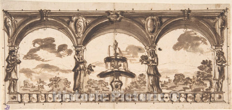 Art Print : Italian, Roman-Bolognese, 17th Century - Loggia with Caryatids Before a Fountain and Landscape : Vintage Wall Art