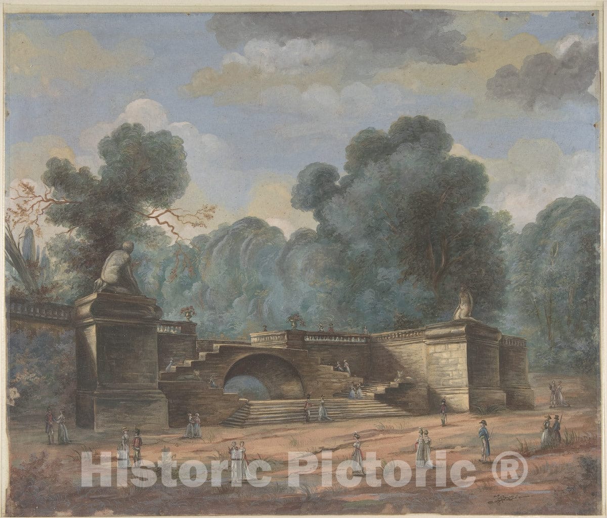 Art Print : French, 19th Century - Park Landscape with Strolling Figures : Vintage Wall Art