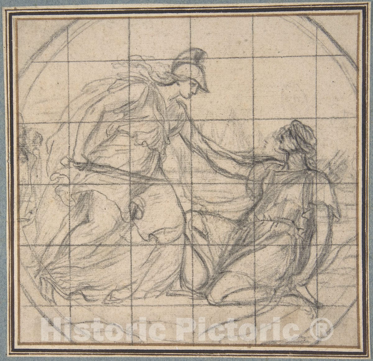 Art Print : Eustache Le Sueur - Design for a Medallion: Huntress Kneeling Before an Armed Goddess : Vintage Wall Art