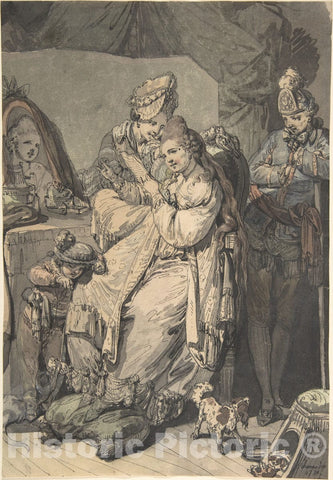 Art Print : A Woman at her Toilet with a Maid, a Boy, a Dog and a Young Soldier; Verso - Artist: Johann Eleazar Zeissig, Called Schenau - Created: 1770 : Vintage Wall Art