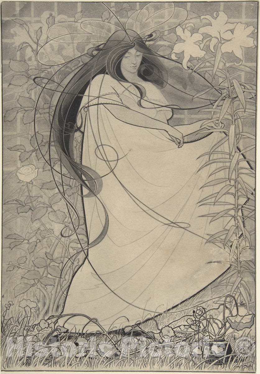 Art Print : British, Late 19th to Early 20th Century - Girl in a Flowing Dress Surrounded by Roses and Lilies : Vintage Wall Art