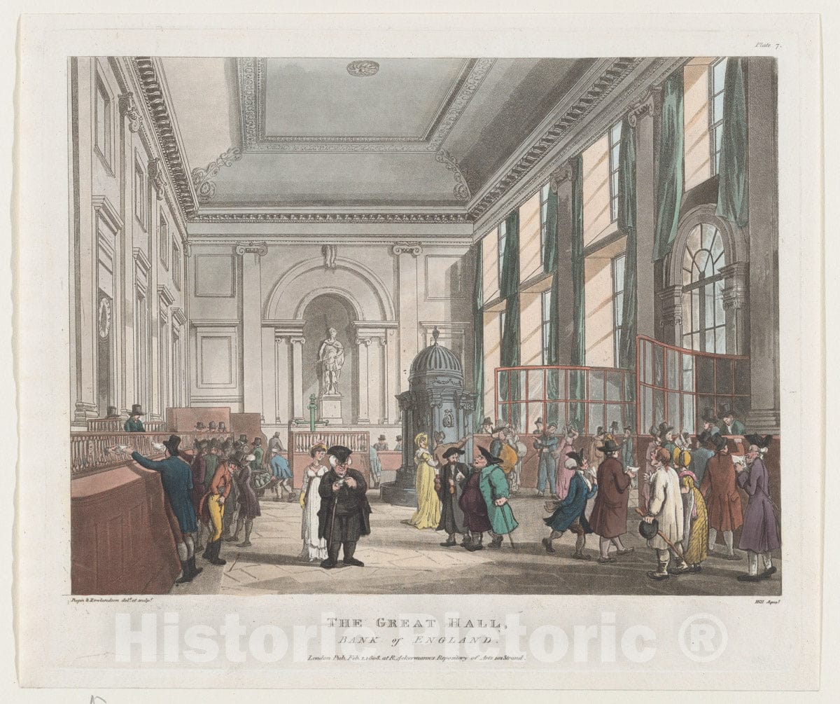 Art Print : Designed and Etched by Thomas Rowlandson - The Great Hall, Bank of England (Microcosm of London, Plate 7) : Vintage Wall Art
