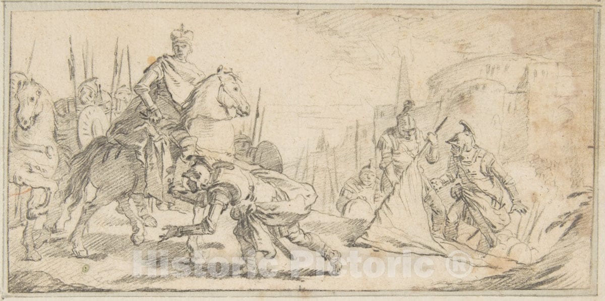 Art Print : Giovanni Battista Tiepolo - Illustration for a Book: Soldiers Surrendering to an Emperor, with a City in The Background : Vintage Wall Art